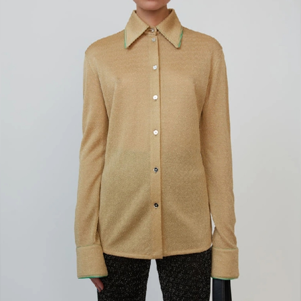 ACNE STUDIOS Gold Glitter Lurex Long Sleeve Button Down Blouse Party Holiday